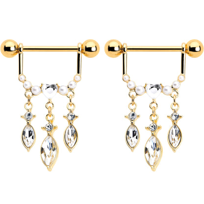 14G 9/16 Clear Gem Gold Tone Heart Triple Dangle Nipple Ring Set