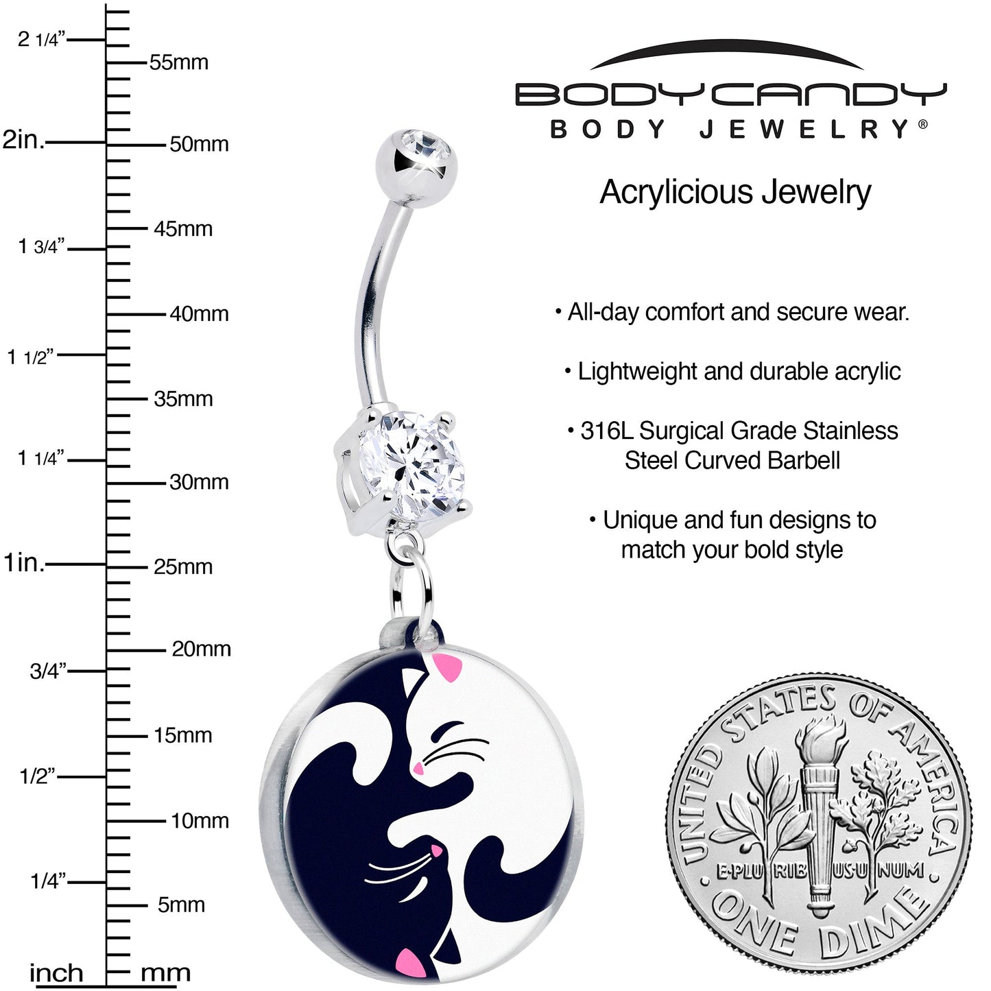 Double Gem Yin Yang Cat Dangle Belly Ring