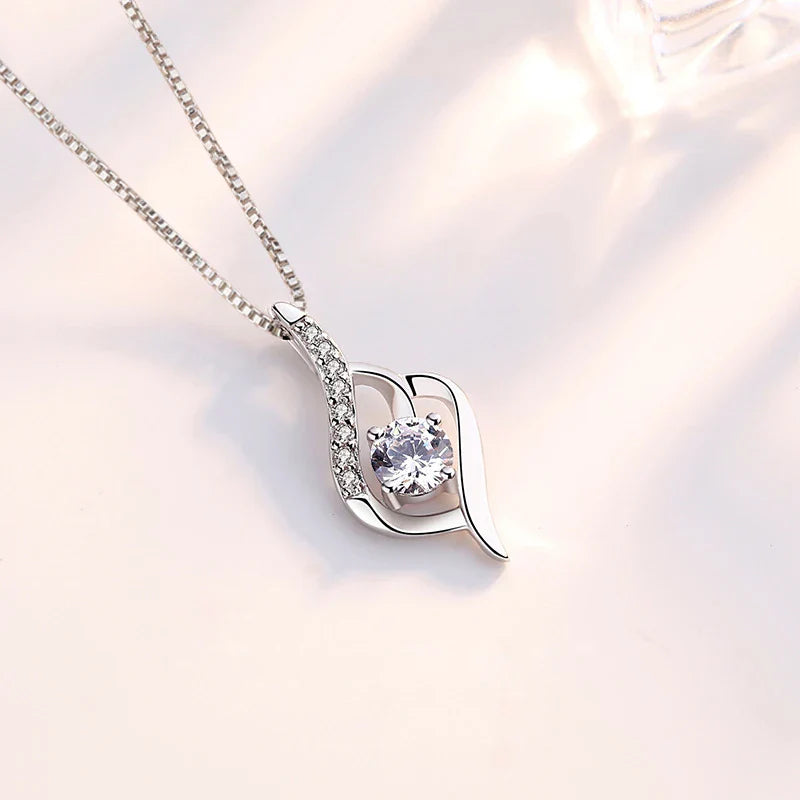 925 Silver Feather Zircon Pendant Necklace